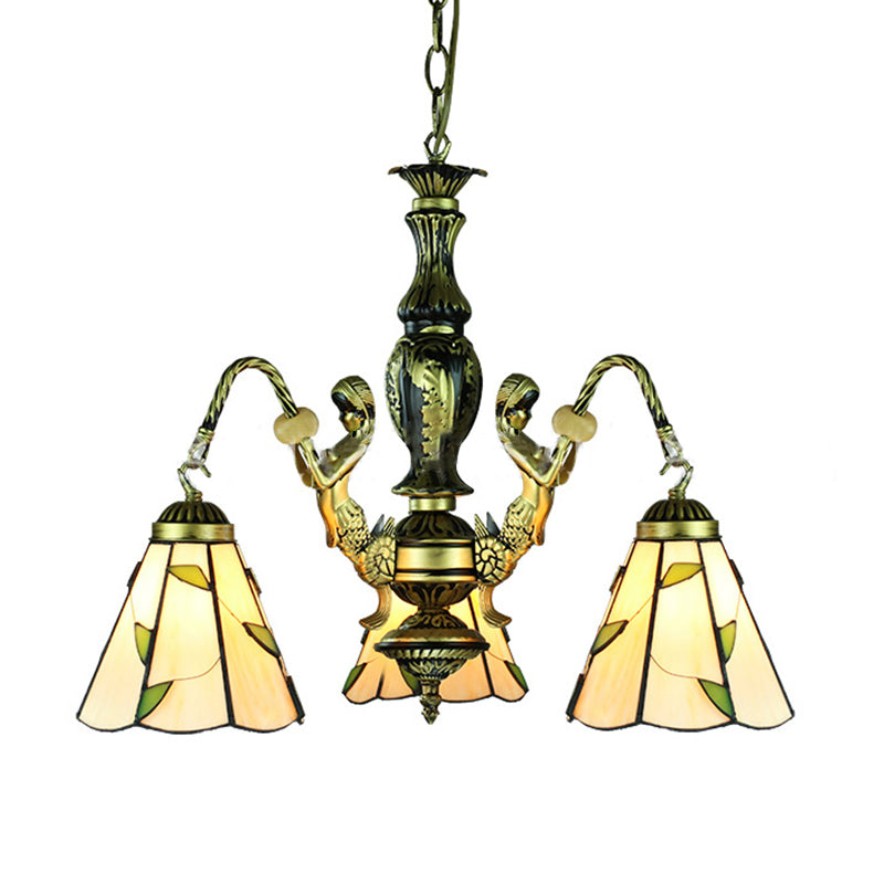 Beige Tiffany 3-Light Chandelier: Mermaid Cut Glass Pendant For Dining Room