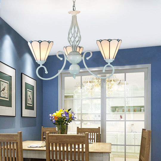 Adjustable 3-Light White Glass Cone Ceiling Chandelier With Curved Arm For Foyer Pendant Lighting