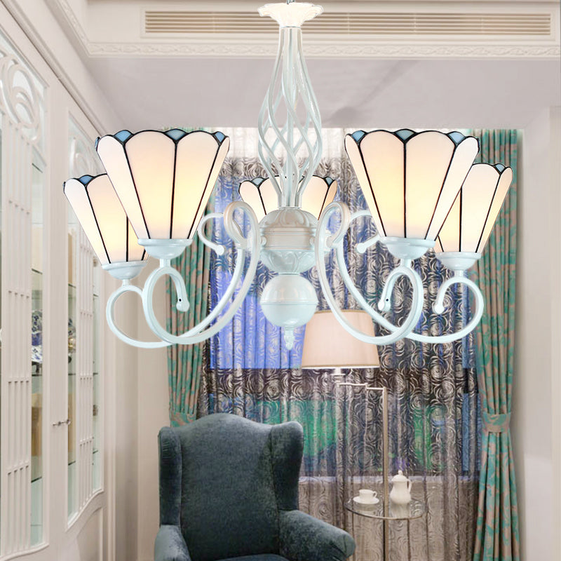 Adjustable White Glass Cone Chandelier With 5 Lights - Traditional Pendant Light For Bedroom