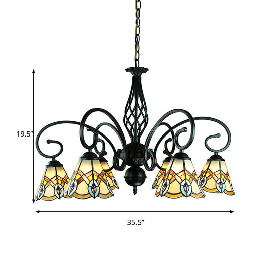 Peacock Design Conical Chandelier With Stained Glass - Rustic Pendant Lighting (6/8 Lights)