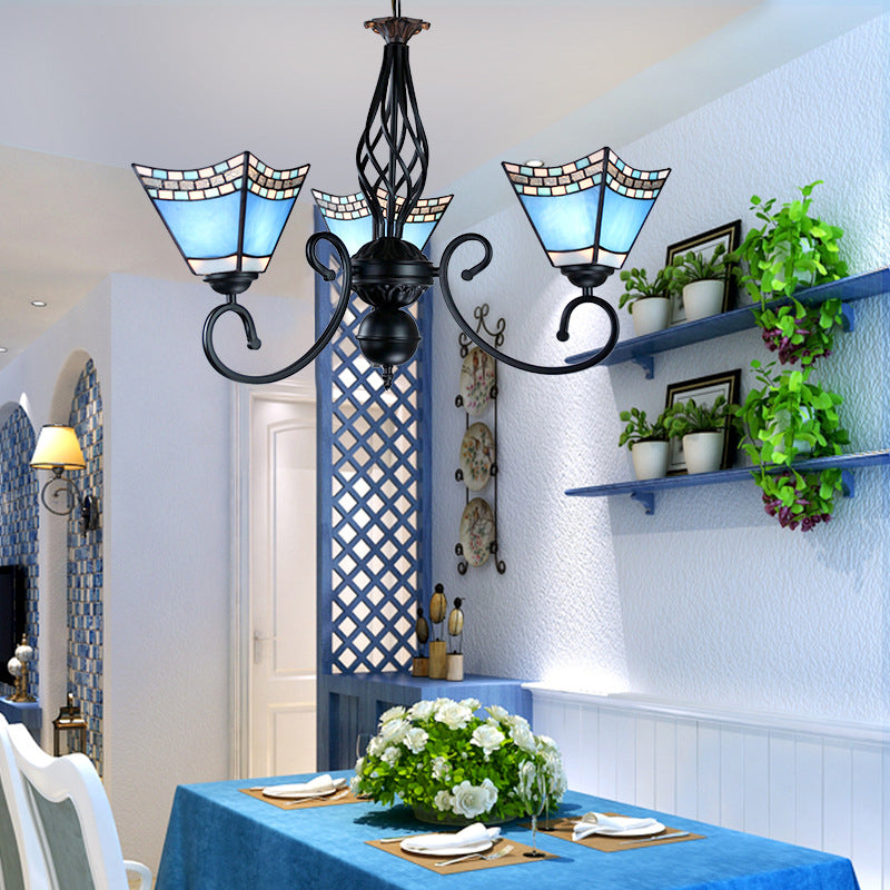 Nautical Pyramid Hanging Chandelier - Blue Glass Pendant Light With 3 Lights For Dining Room