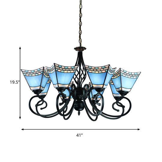 Stained Glass Nautical Chandelier With Pyramid Shade - Multi-Glass Living Room Lighting In Blue