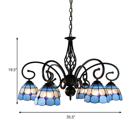 Dome Hanging Ceiling Light With Grid Design - 6/8 Lights Blue Glass Tiffany Bedroom Lighting