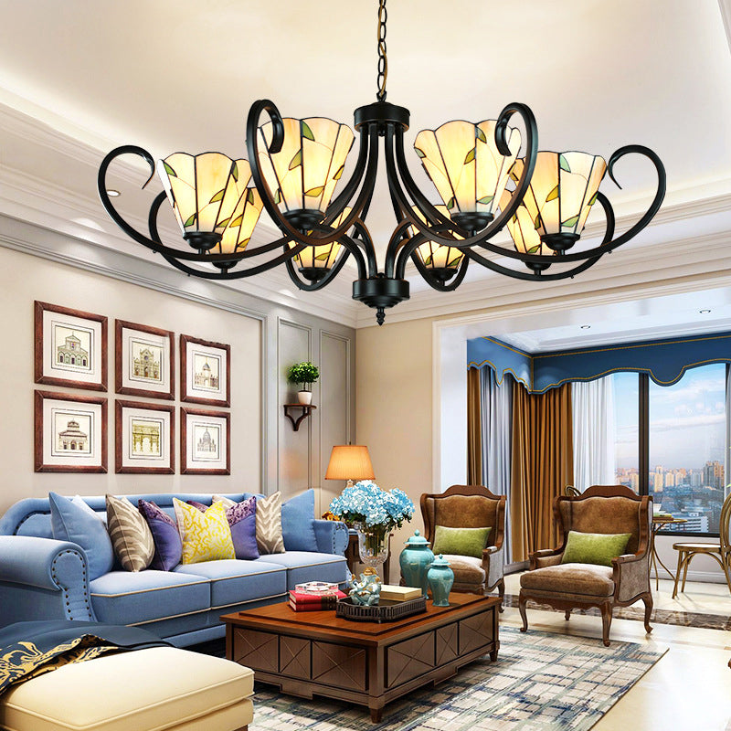Tiffany Cone Chandelier Lamp With Stained Glass And Beige Shade For Bedroom - 5/6/8 Heads 8 /