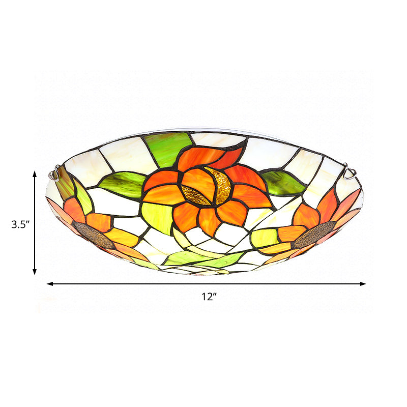 Sunflower Pattern Stained Glass Orange Flush Mount Ceiling Lamp - Hotel Dome Light