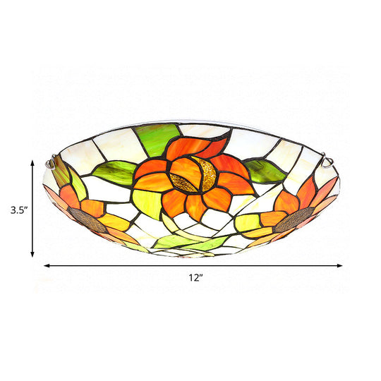 Sunflower Pattern Stained Glass Orange Flush Mount Ceiling Lamp - Hotel Dome Light
