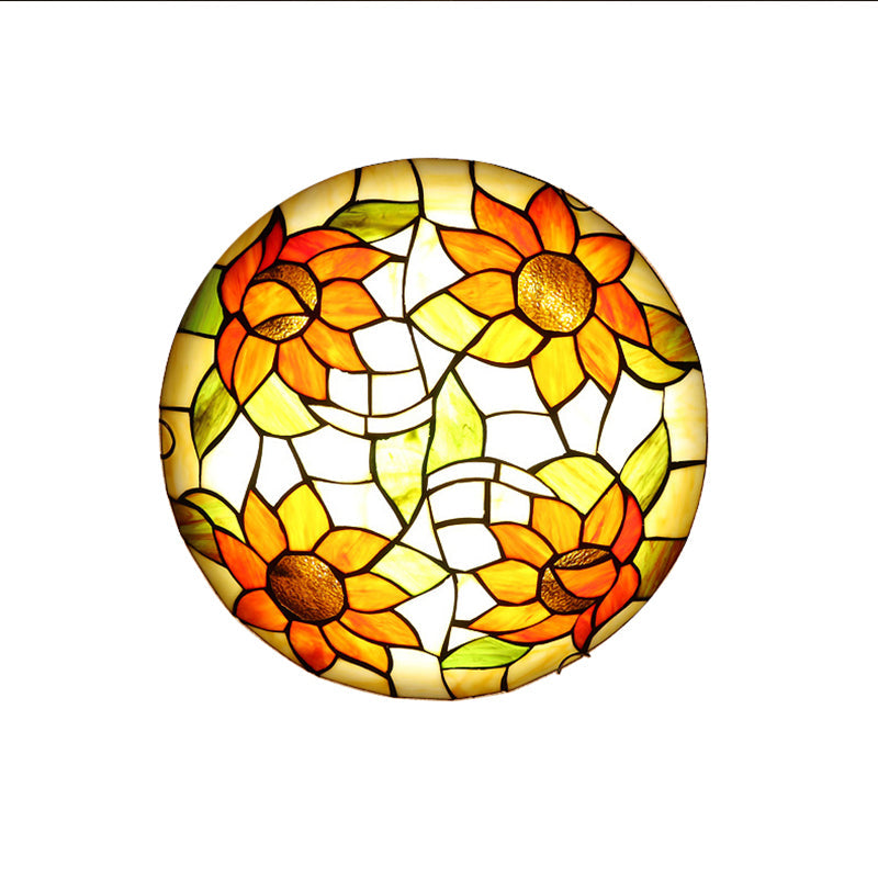 Sunflower Pattern Stained Glass Orange Flush Mount Ceiling Lamp - Hotel Dome Light