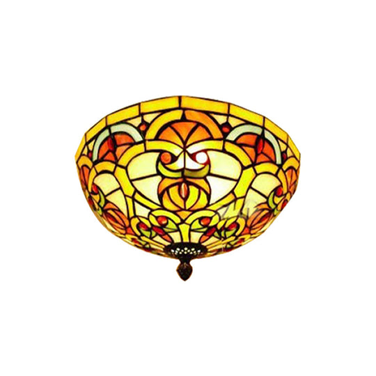 Tiffany Victorian Yellow Flush Ceiling Light Dome - Stained Glass Mount For Hotels