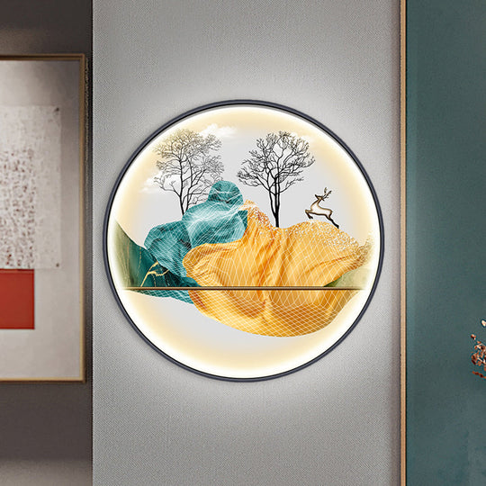 Asian-Style Led Fabric Wall Mural Mount Lamp - Yellow/Green Circle Light With Landscape Pattern