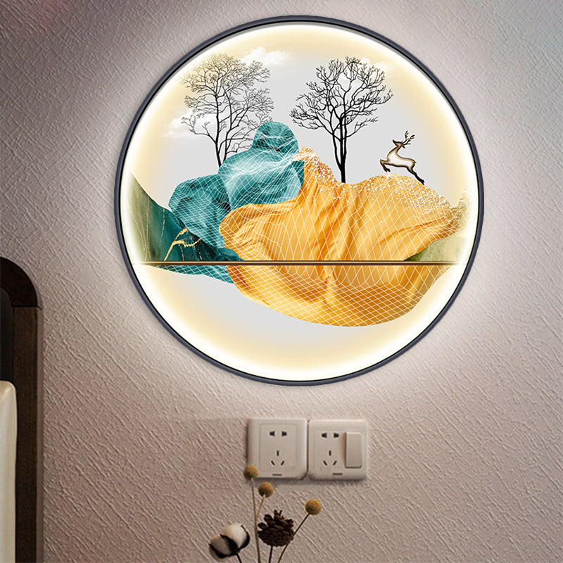 Asian-Style Led Fabric Wall Mural Mount Lamp - Yellow/Green Circle Light With Landscape Pattern