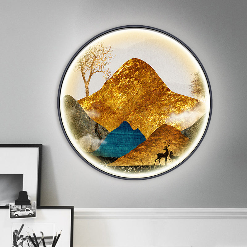 Asian-Style Led Fabric Wall Mural Mount Lamp - Yellow/Green Circle Light With Landscape Pattern