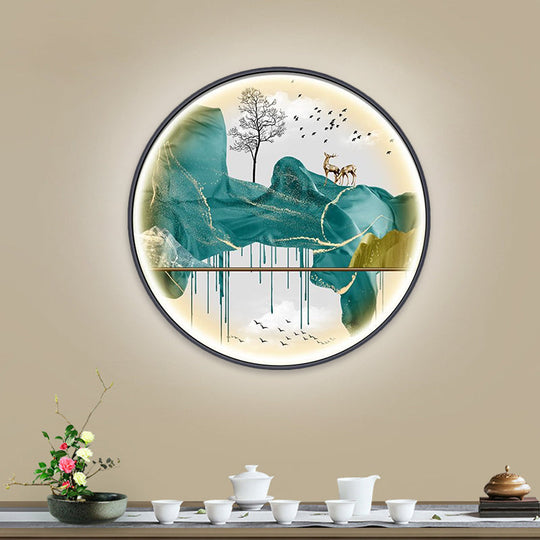 Asian-Style Led Fabric Wall Mural Mount Lamp - Yellow/Green Circle Light With Landscape Pattern