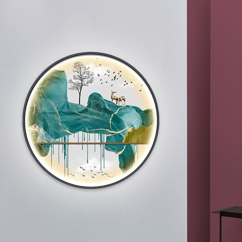 Asian-Style Led Fabric Wall Mural Mount Lamp - Yellow/Green Circle Light With Landscape Pattern
