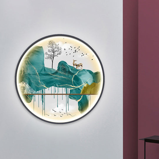 Asian-Style Led Fabric Wall Mural Mount Lamp - Yellow/Green Circle Light With Landscape Pattern