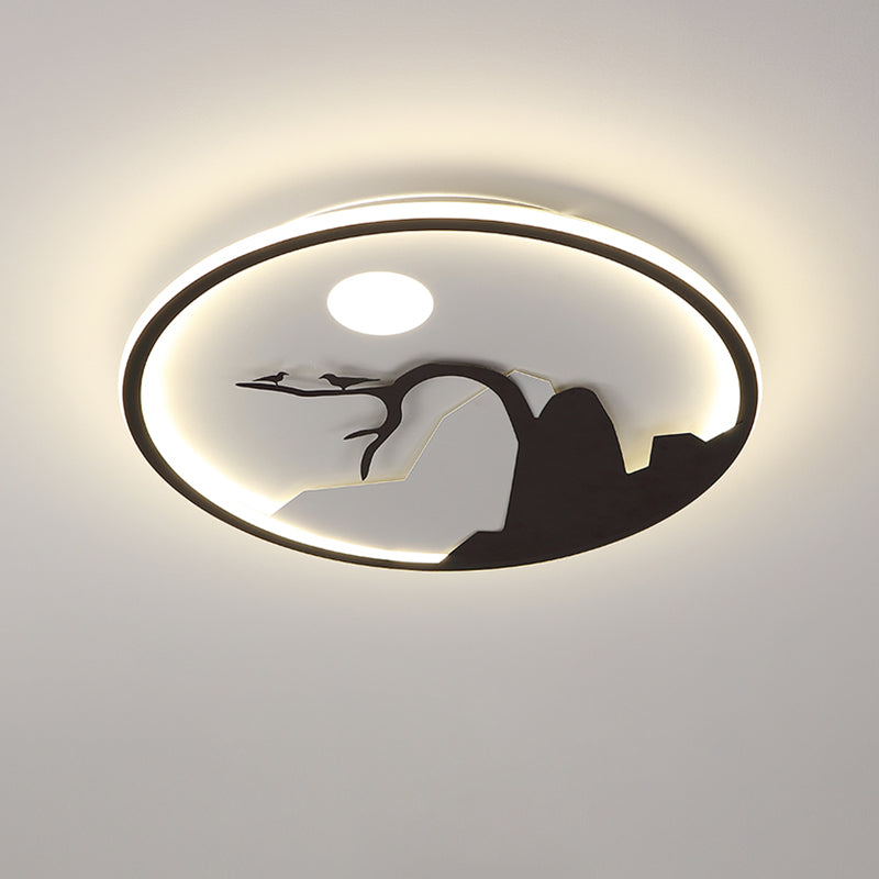 Metallic Round Asian Style Led Wall Mounted Light With Moon And Bird/Lotus Pattern - Black
