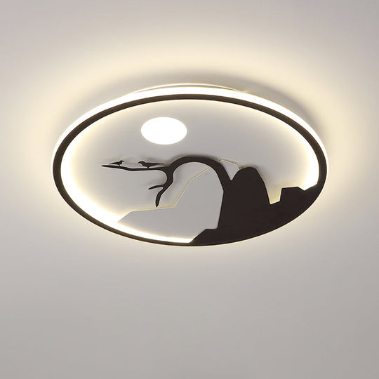 Metallic Round Asian Style Led Wall Mounted Light With Moon And Bird/Lotus Pattern - Black