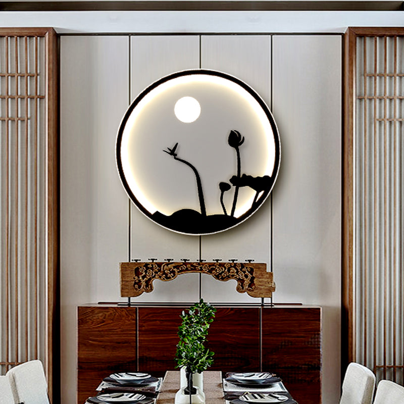 Metallic Round Asian Style Led Wall Mounted Light With Moon And Bird/Lotus Pattern - Black / B