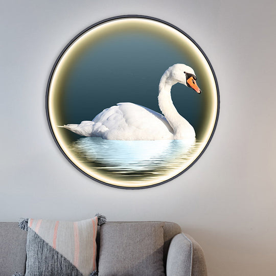 Round Asian Swan Led Wall Sconce In White For Bedroom Left/Right Placement