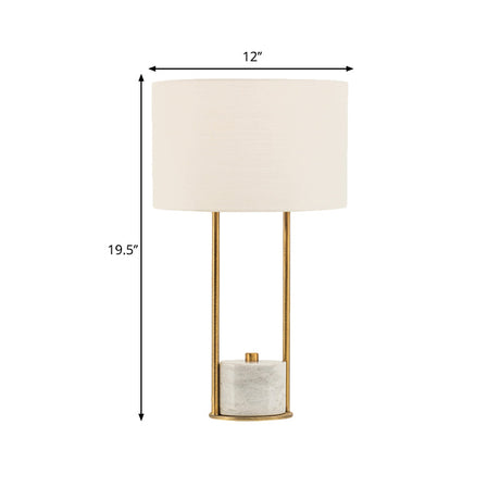 Modern Cylinder Nightstand Lamp - 1 Head Fabric Bedside Light In White/Beige With Marble Base
