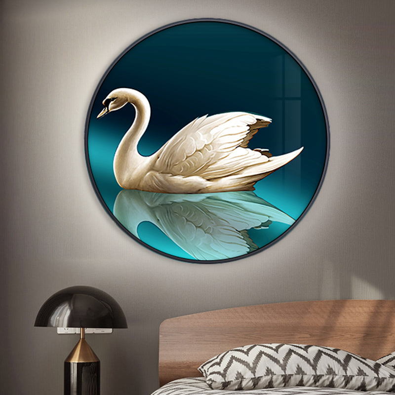 Green Led Asian Style Wall Lamp With Swan Pattern - Circle Metal Mural Lighting Ideas Left/Right /