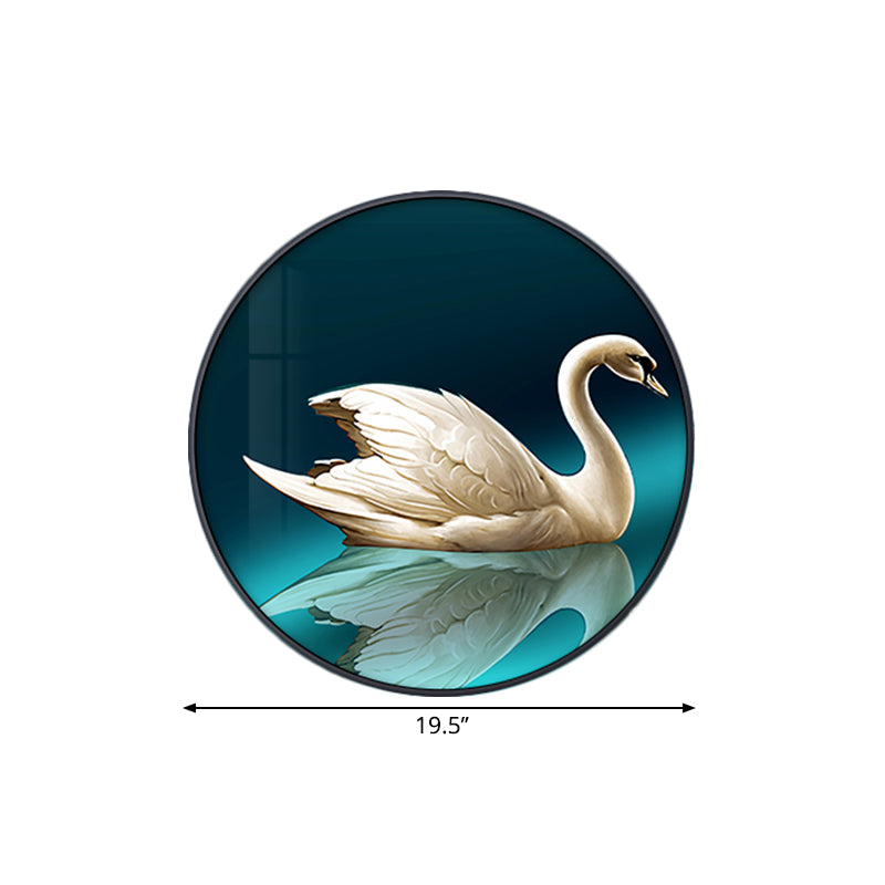 Green Led Asian Style Wall Lamp With Swan Pattern - Circle Metal Mural Lighting Ideas Left/Right