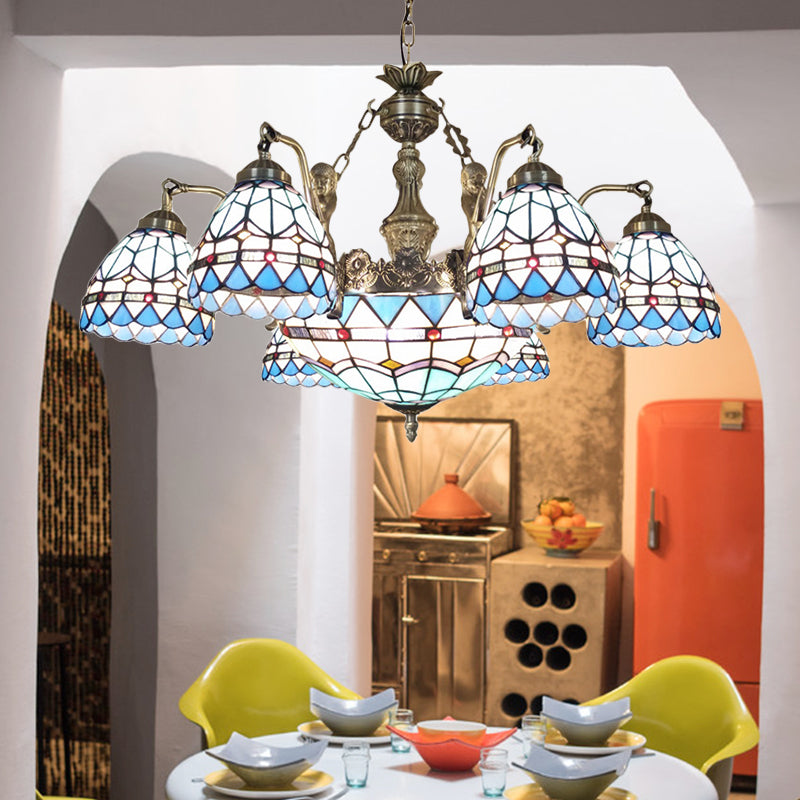 Tiffany Style Domed Chandelier - Mermaid Blue Ceiling Lamp With Cut Glass 7/9 Lights