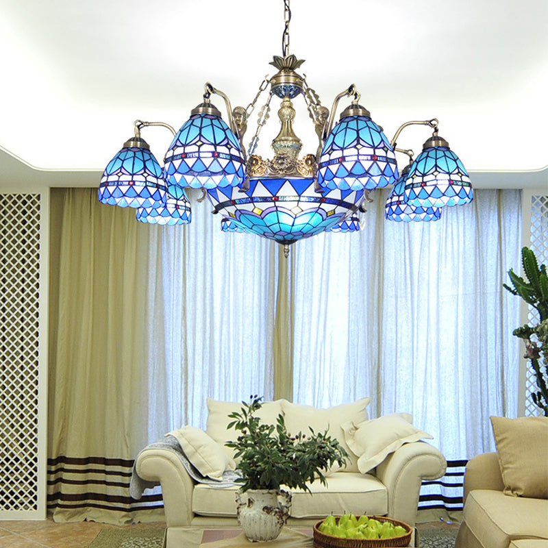 Tiffany Style Domed Chandelier - Mermaid Blue Ceiling Lamp With Cut Glass 7/9 Lights