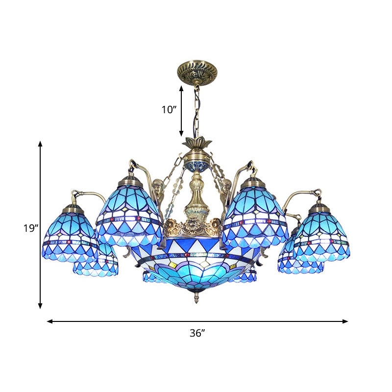 Tiffany Style Domed Chandelier - Mermaid Blue Ceiling Lamp With Cut Glass 7/9 Lights