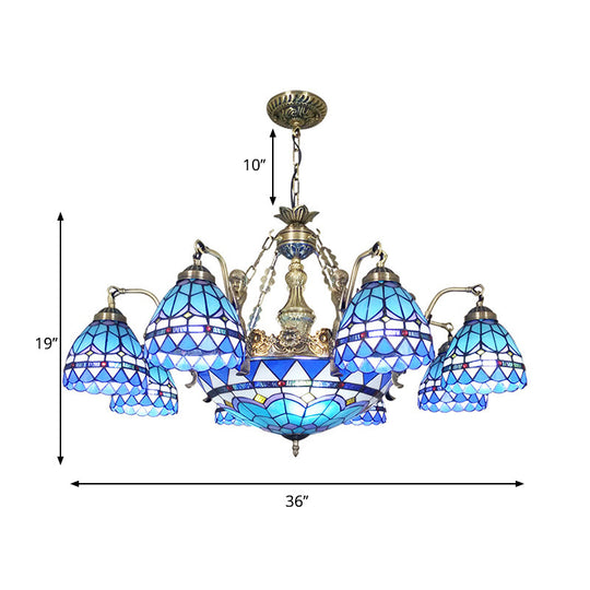 Tiffany Style Domed Chandelier - Mermaid Blue Ceiling Lamp With Cut Glass 7/9 Lights