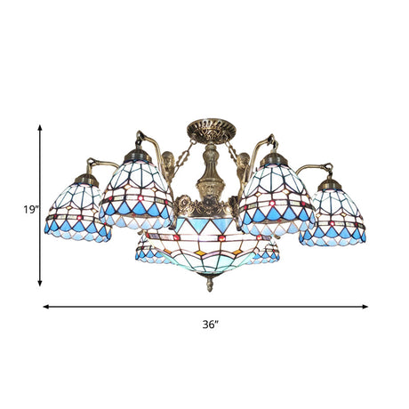 Stained Glass Cone Ceiling Chandelier - Tiffany Pendant Lamp (Blue 7/9 Lights)