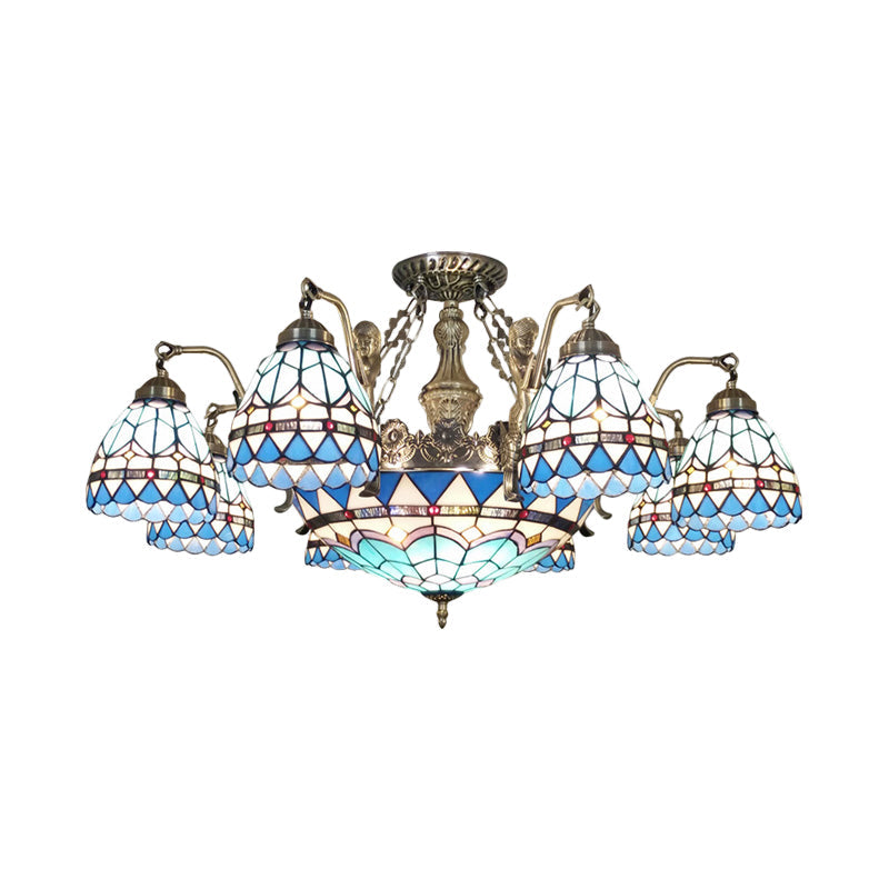 Blue Stained Glass Tiffany Pendant Lamp With 7/9 Light Cone Ceiling Chandelier