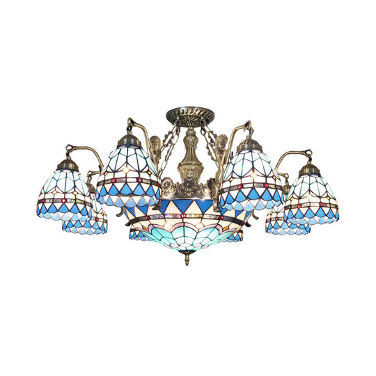 Blue Stained Glass Tiffany Pendant Lamp With 7/9 Light Cone Ceiling Chandelier