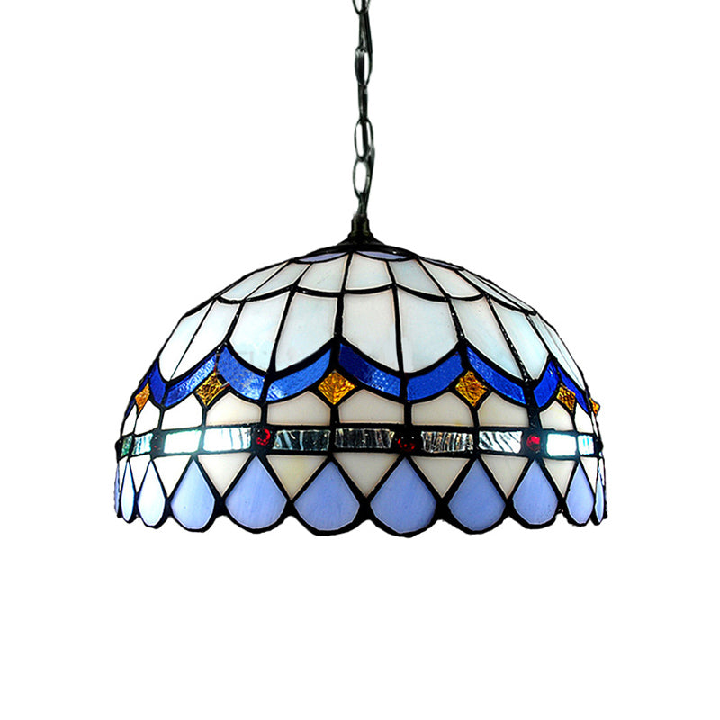 Traditional Tiffany Blue Stained Glass Living Room Suspension Light With Domed Shade