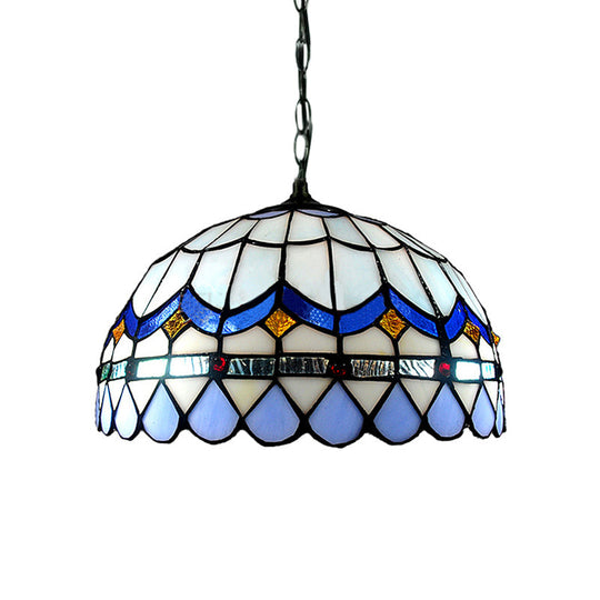 Traditional Tiffany Blue Stained Glass Living Room Suspension Light With Domed Shade
