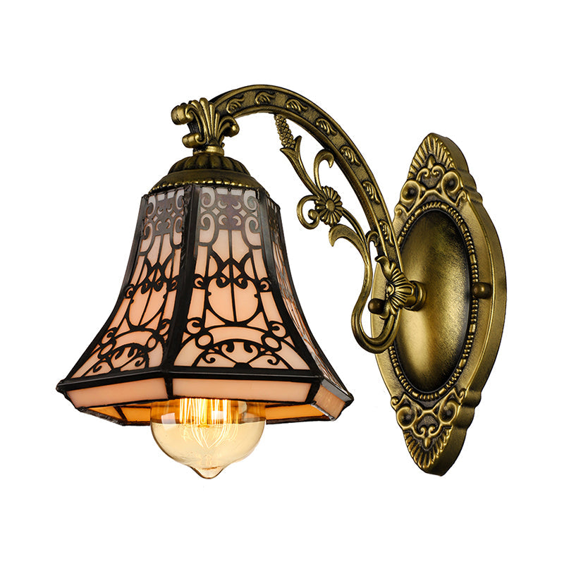 Vintage Tiffany Wall Lamp With Carved Arm & Art Glass Bell - Outdoor Black Light