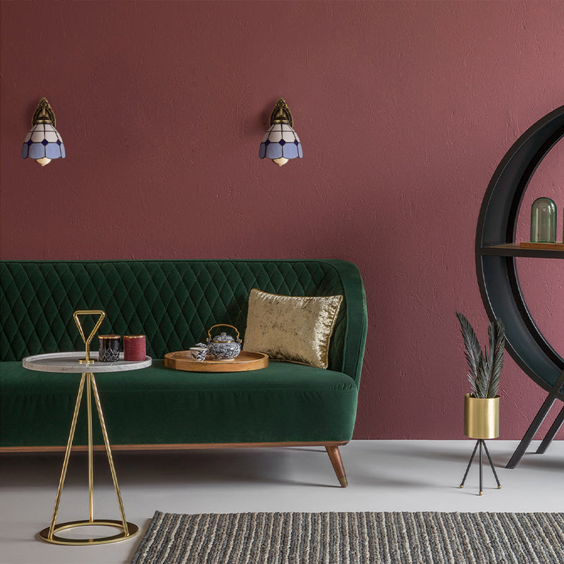 Blue Art Glass Dome Wall Sconce With Vintage Grid Design - Perfect For Bathroom