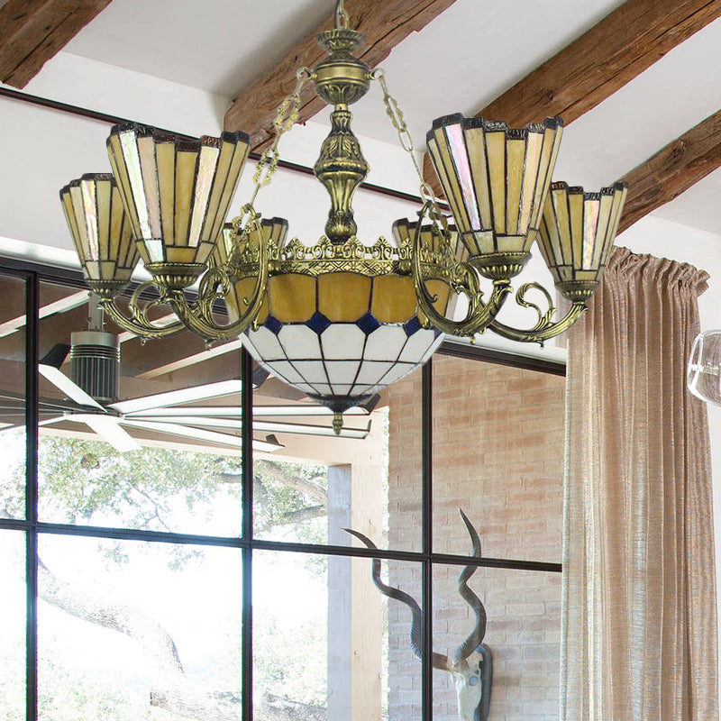 Vintage Tiffany-Style Yellow Shuttlecock Chandelier With Central Dome And Art Glass