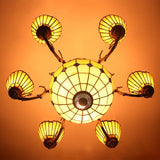 Vintage Tiffany-Style Yellow Shuttlecock Chandelier With Central Dome And Art Glass
