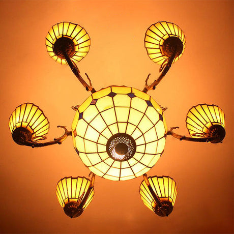Vintage Tiffany-Style Yellow Shuttlecock Chandelier With Central Dome And Art Glass