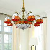 Vintage Tiffany Art Glass Chandelier In Orange For Hotel Hallway - 9/13 Lights Grid Dome Design 9 /