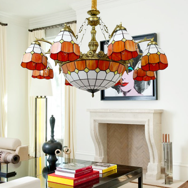 Vintage Tiffany Art Glass Chandelier In Orange For Hotel Hallway - 9/13 Lights Grid Dome Design