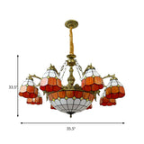 Vintage Tiffany Art Glass Chandelier In Orange For Hotel Hallway - 9/13 Lights Grid Dome Design