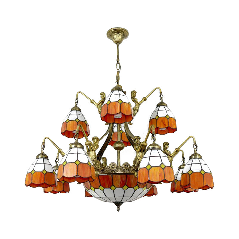 Vintage Tiffany Art Glass Chandelier In Orange For Hotel Hallway - 9/13 Lights Grid Dome Design