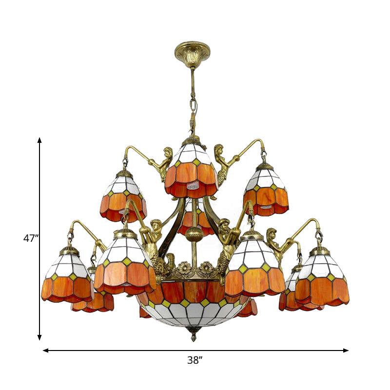 Vintage Tiffany Art Glass Chandelier In Orange For Hotel Hallway - 9/13 Lights Grid Dome Design