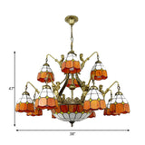 Vintage Tiffany Art Glass Chandelier In Orange For Hotel Hallway - 9/13 Lights Grid Dome Design