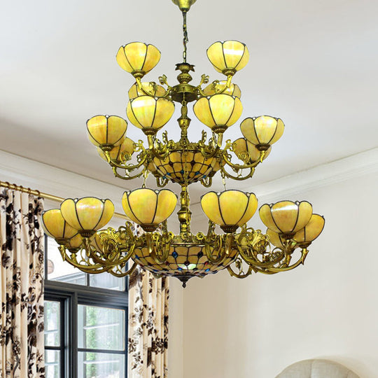 Yellow Tiffany Antique Hanging Light With Glass Dome Shade - Ideal For Villa Or Hotel Chandelier