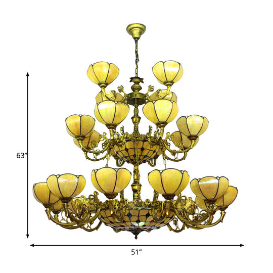 Yellow Tiffany Antique Hanging Light With Glass Dome Shade - Ideal For Villa Or Hotel Chandelier