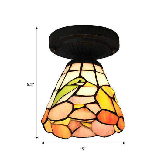 Tiffany Stained Glass Ceiling Mount Light For Cloth Shop 1-Head Flower/Bird/Phoenix Design In Black