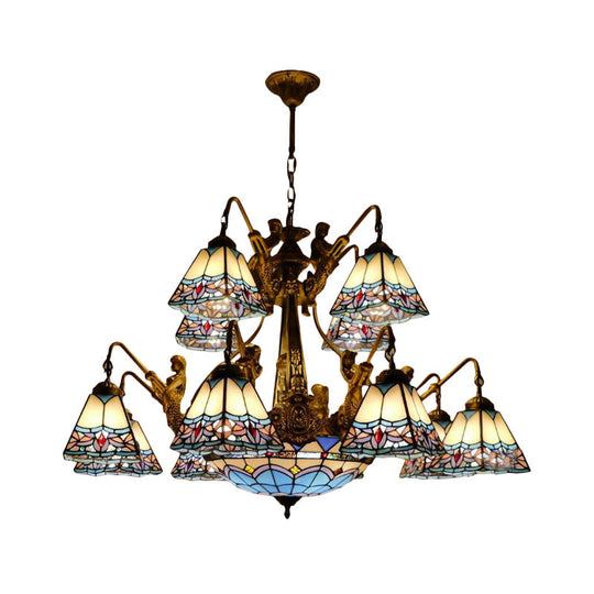 Blue Stained Glass Chandelier - Tiffany Style With 15 Lights And Baroque/Magnolia Pattern