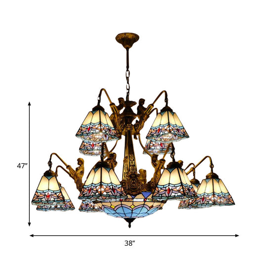 Blue Stained Glass Chandelier - Tiffany Style With 15 Lights And Baroque/Magnolia Pattern